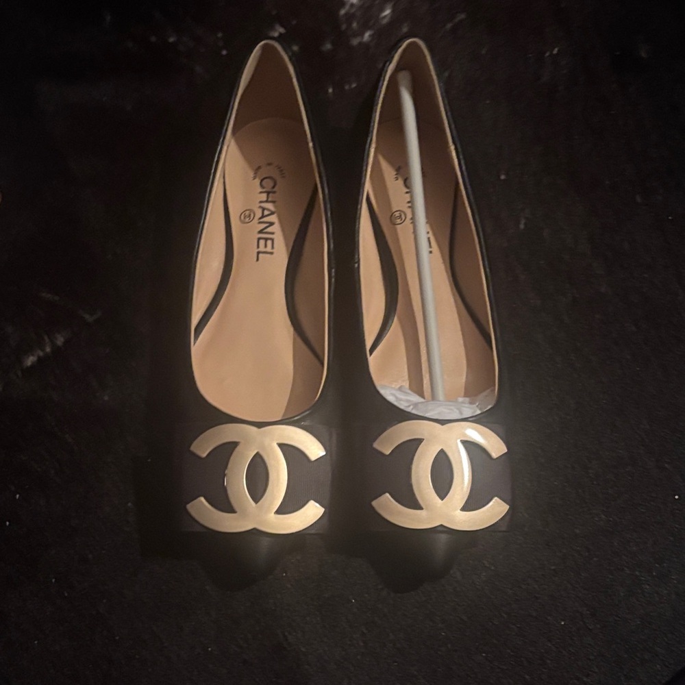 Chanel Black Flats with Gold Logo